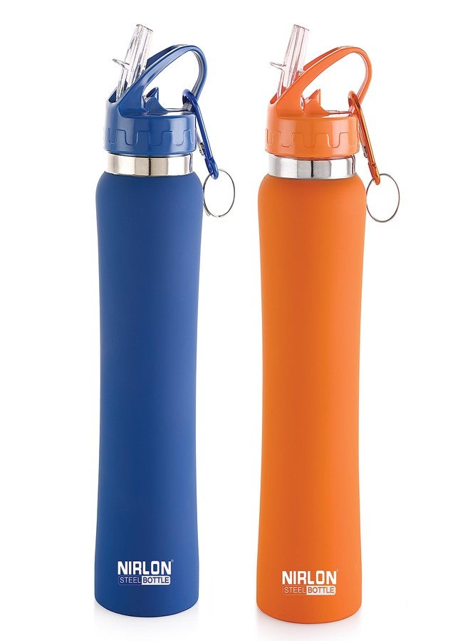 NIRLON Flip Bot Stainless Steel Sipper Rubber Finish Water Bottle with Straw Lid Pack of 2 |Leak Proof|Office|Gym Bottle|Home|Kitchen|Hiking|Treking Bottle|Travel Bottle [Blue & Orange|750ml] - Image 1
